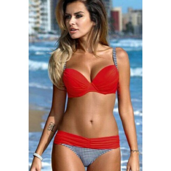 Womens Triangle Bikini Set Swimsuit Red Grid Printing Womens Triangle Bikini Set Swimsuit Red Grid Printing