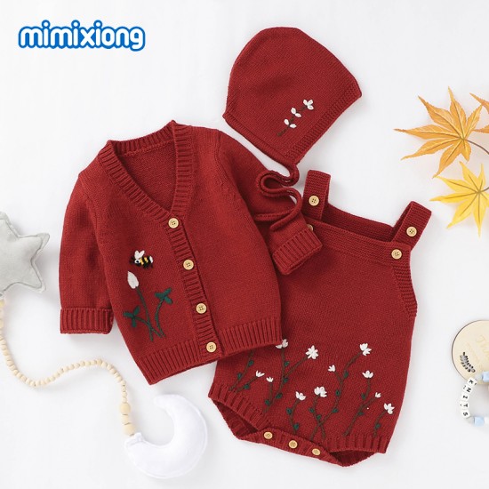 Mimixiong Baby Knitted Romper Coat Hat 3pc Clothing Set 82W639-641-642