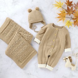 Mimixiong Baby Knitted Romper Blanket Hat 3pc Clothing Set 82W720-722-723