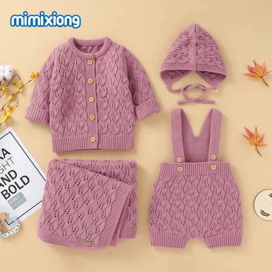 Mimixiong Baby Knitted Romper Coat Blanket Hat 4pcs Clothing Set 82W732-733-736-737