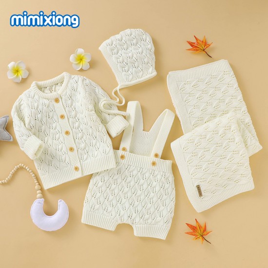 Mimixiong Baby Knitted Romper Coat Blanket Hat 4pcs Clothing Set 82W732-733-736-737