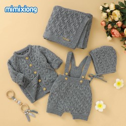 Mimixiong Baby Knitted Romper Coat Blanket Hat 4pcs Clothing Set 82W732-733-736-737