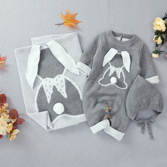 Mimixiong 100% Cotton Baby Knitted Romper Blanket Hat 3pcs Clothing Set 82W802-806